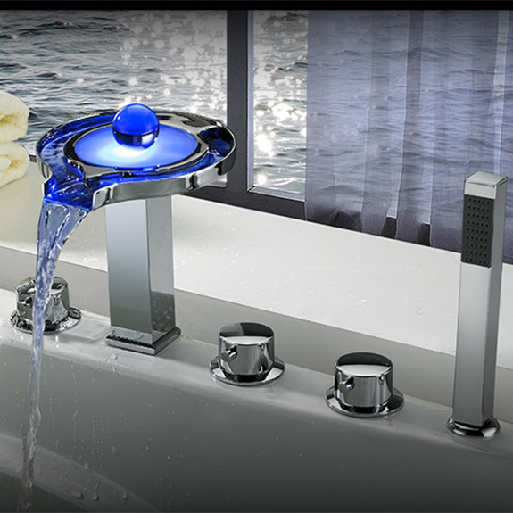 Rolya 5 holes Round Waterfall LED Bathtub Faucets set