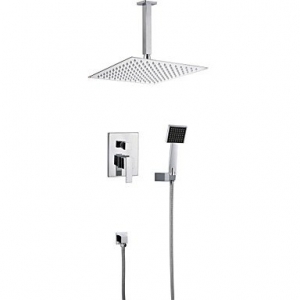 Contemporary Chrome Wall Mounted Double Handles Brass Shower Faucet with 10" Square Shower Head and Hand Shower