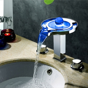 Rolya Round Waterfall LED Widespread Lavatory Faucet Basin Mixer Tap