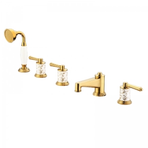 2015 NEW Arrival Solid Brass Luxurious Golden Bathtub Faucet Tub Filler 5 Hole Bath Shower Mixer Tap